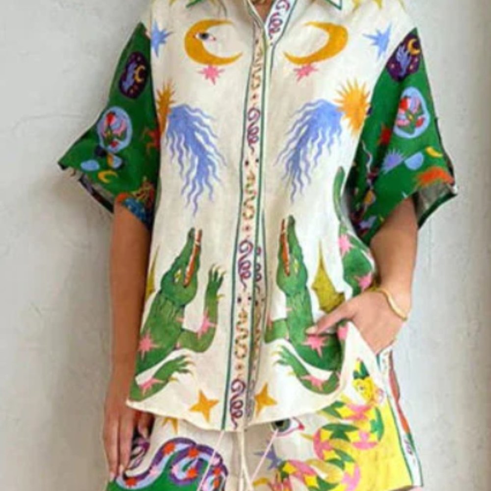 Days of Heaven Linen Blend Unique Print Blouse and Elastic Waist Pocketed Short